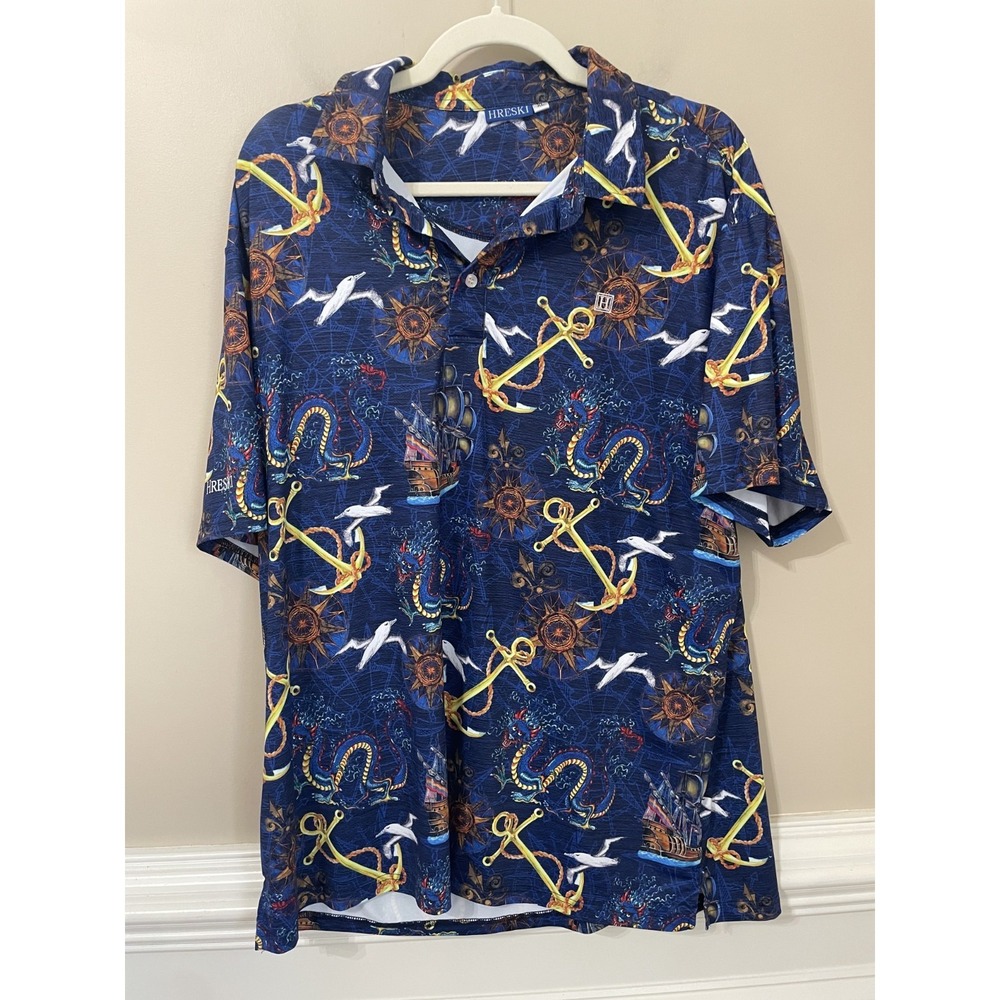 Hreski Mens Size XL Performance Golf Polo Dragons, Boats, Seagulls Nautical
